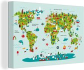 Canvas Wereldkaart - 90x60 - Wanddecoratie Wereldkaart Kinderen - Kleuren - Groen