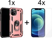 iPhone 13 Mini hoesje Kickstand Ring shock proof case rose met zwarte randen armor apple magneet - 4x iPhone 13 Mini Screenprotector