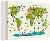 Canvas Wereldkaart - 30x20 - Wanddecoratie Wereldkaart Kinderen - Groen - Dieren