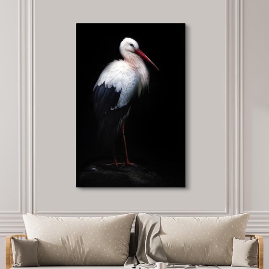 Canvas schilderij 120x180 cm - Wanddecoratie Portret ooievaar op zwarte achtergrond - Muurdecoratie woonkamer - Slaapkamer decoratie - Kamer accessoires - Schilderijen op canvas