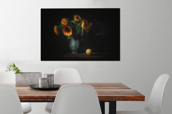 Nature morte de tournesols sur fond noir 90x60 cm - Tirage photo sur toile (Décoration murale salon / chambre)