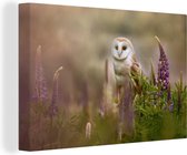 Canvas Schilderij Uil - Bloemen - Vogel - 60x40 cm - Wanddecoratie