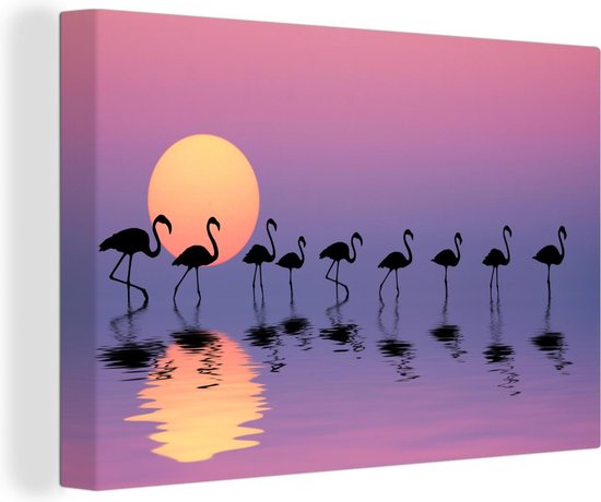 Flamants roses marchant dans l'eau d'été chauffée 180x120 cm - Tirage photo sur toile (Décoration murale salon / chambre) XXL / Groot format!