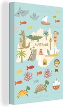 Canvas Wereldkaart - 20x30 - Wanddecoratie Wereldkaart Kinderen - Australië - Dieren