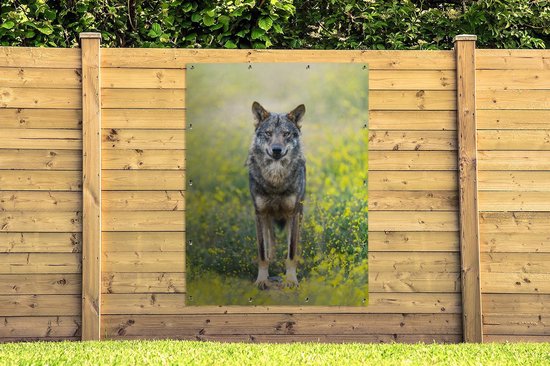 Décoration murale extérieure Loup - Fleurs - Jaune - 120x160 cm - Toile de jardin - Poster extérieur