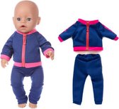 Dolldreams poppen kleertjes - Blauw/roze trainingspak kleding set - Past op pop tot 43CM - geschikt voor baby born