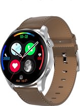 Belesy® NUMBER 3 - Smartwatch Heren – Smartwatch Dames - Horloge – Stappenteller – Calorieën - Hartslag – Sporten - Splitscreen - Kleurenscherm - Full Touch - Bluetooth Bellen – Zilver - Leer – Bruin - Moederdag