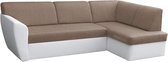 InspireMe - Zithoek hoekbank met slaapfunctie en opbergruimte voor woonkame 245x155x90 cm, 205x140cm -MARGO (Ottomaan vooraanzicht rechts, Beige+Wit)