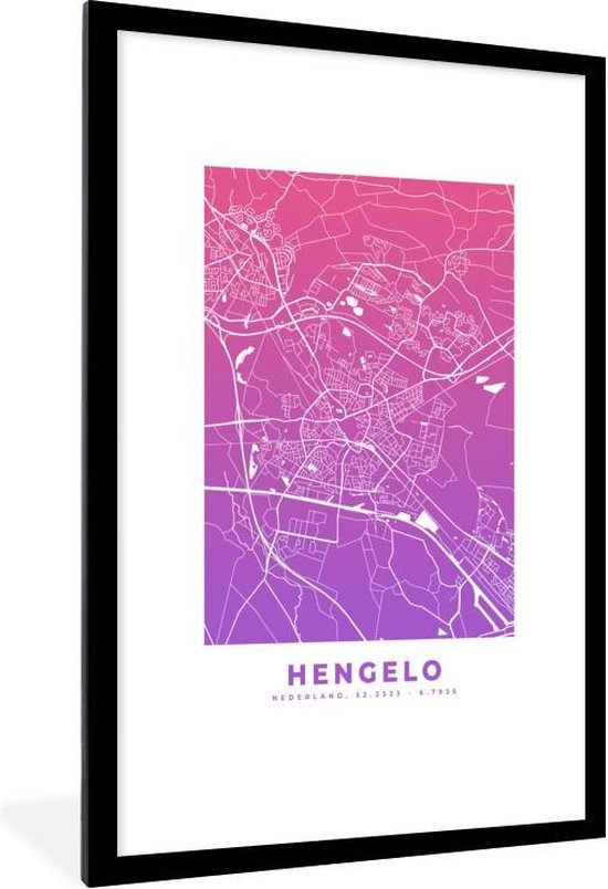 Fotolijst incl. Poster - Stadskaart - Hengelo - Nederland - Paars - 80x120 cm - Posterlijst - Plattegrond