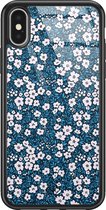 iPhone X/XS hoesje glass - Bloemen blauw | Apple iPhone Xs case | Hardcase backcover zwart