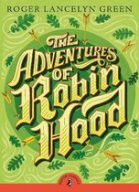 Boekomslag 'The Adventures of Robin Hood' met groene achtergrond, gouden letters en pijlen.