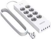 Stekkerdoos 3 meter - Zinaps Multi-Socket Surge Protection 3 M Verlengkabel, 8-weg Power Strip Wand gemonteerd met 5 USB, 16A 4000W Kinderbescherming EU-plug, zwart, multi-way (WK 02128)