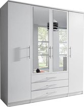 Inspire Me- Kledingkast met spiegel, 4-deurs kledingkast met veel planken, drie lades en kledingroede, ruime kledingkast 200x210x64 RUTH 4D (Wit)