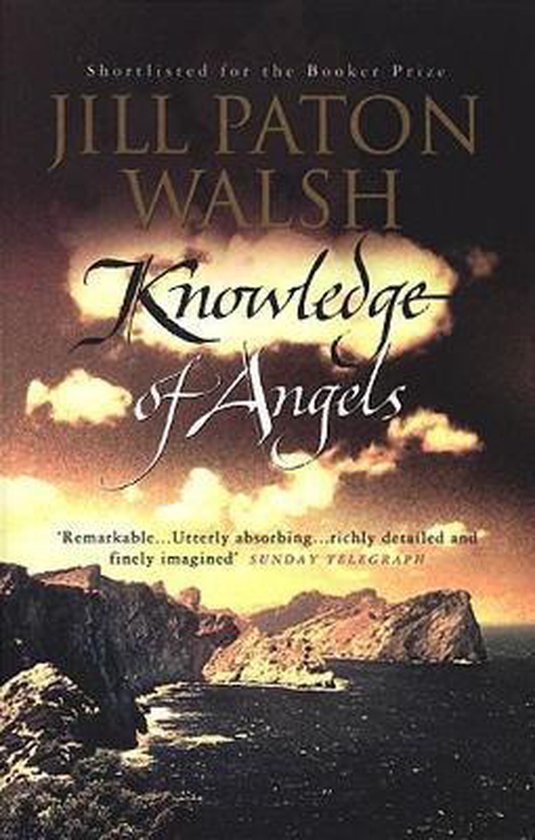 Boekomslag van 'Knowledge of Angels' door Jill Paton Walsh, met een dramatische lucht en rotsachtige kustlijn.