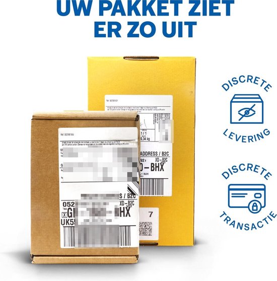Deux colis, un brun et un jaune, avec l'inscription 'VOTRE COLIS RESSEMBLE À CECI'. Icônes avec 'LIVRAISON DISCRÈTE' et 'TRANSACTION DISCRÈTE'.