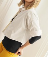 YELIZ YAKAR - Luxe dames  overhemd “Aoede” - cropped blouse met een mesh stoff detail - WIT - katoen - maat M-38 - design-mode-trendy-luxe stijlvolle dames kleding