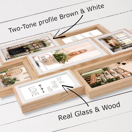 HAES DECO - Cadre Multi photo en bois / Galerie Fevik aux couleurs marron et blanc pour 4 photos 10x15, 2 photos 13x18 et 1 photo 15x20 (format 46x47,5) - MP127