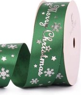 Kerst Lint 25mm (2,5cm) | Luxe Satijnlint | Merry Christmas| Donker Groen Zilver | Cadeaulint | Rol: 9 Meter