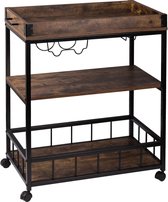 Luxiqo Keukentrolley – Met Wijnrek – Keuken Organizer – Modern – Spaanplaat – 360° Wieltjes – Bruin/Zwart – 70 x 40 x 85 cm