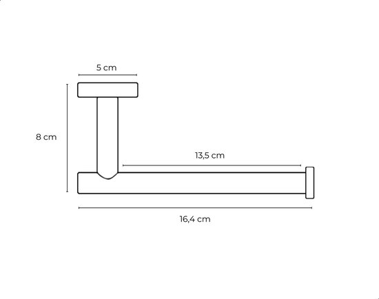 Dessin technique d'un porte-rouleau de toilette noir avec dimensions : 8 cm de haut, 5 cm de large, 13,5 cm de largeur de rouleau, 16,4 cm de longueur totale.