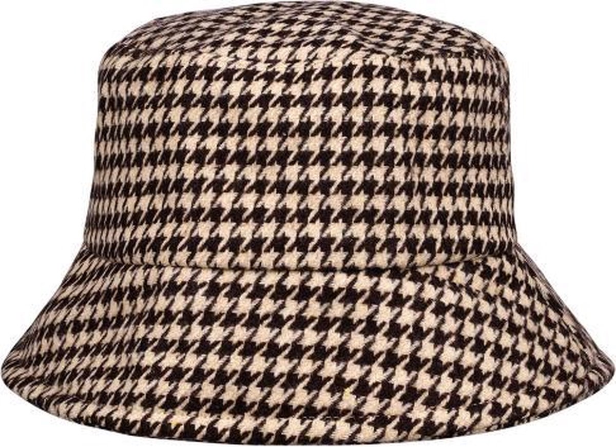 Bucket Hat geruit - Bucket Hat Dames - bucket hat - bucket hoed - Emmer muts - Emmerhoed - geruit beige - Ruitjesprint - Hoed - Vissershoedje - Polyester - 59 cm - Yehwang