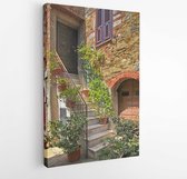Canvas schilderij - Old stone house with stairs decorated with green plants in pots  -  698237287 - 50*40 Vertical