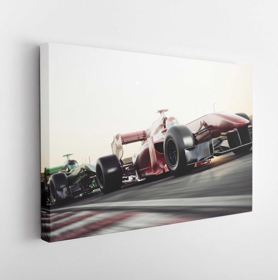 Canvas schilderij - Motor sports competitive team racing. Fast moving generic race cars racing down the track . 3d rendering with room for text or copy space -     571520698 - 80*60 Horizontal