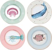 Yvonne Ellen Set/ 4 - ontbijtbord - In de Zee met kreeft, maanvis, venusschelp en walvis - (ø 20 cm) - cadeaudoosje verpakt - Under the sea