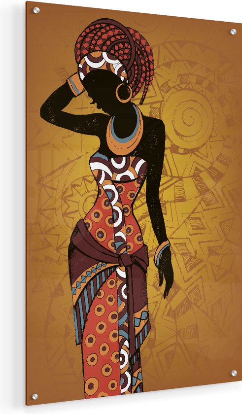 Artaza Glasschilderij - Getekende Afrikaanse Vrouw - Abstract - 40x60 - Plexiglas Schilderij - Foto op Glas