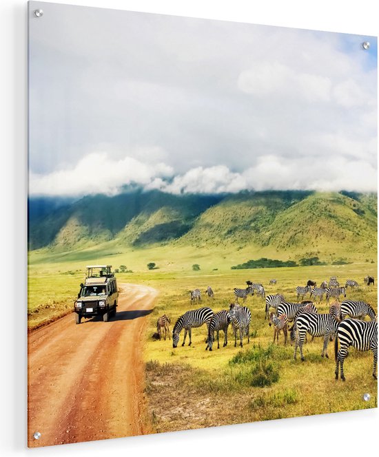 Artaza Glasschilderij - Safari Auto tussen de Zebra's - 50x50 - Plexiglas Schilderij - Foto op Glas