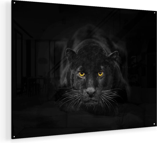 Artaza Glasschilderij - Zwarte Panter Met Oranje Ogen - 120x90 - Groot - Plexiglas Schilderij - Foto op Glas