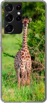 Geschikt voor Samsung Galaxy S21 Ultra hoesje - Baby - Giraffe - Planten - Siliconen Telefoonhoesje