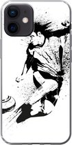 Geschikt voor iPhone 12 hoesje - Een illustratie van een persoon die een voetbal richting doel schiet - Jongens - Jongetje - Kind - Siliconen Telefoonhoesje