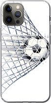 Geschikt voor iPhone 12 Pro hoesje - Een illustratie van een voetbal die het doel in gaat - Jongetjes - Meisjes - Kids - Siliconen Telefoonhoesje