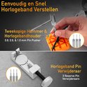 Horlogeband reparatie met hamer, bandhouder en pin pusher. Horlogeband pin verwijderaar met reservepinnen.