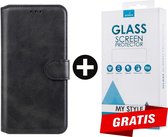 Kunstleer Bookcase Hoesje Met Pasjeshouder iPhone 13 Pro Zwart - Gratis Screen Protector - Telefoonhoesje - Smartphonehoesje