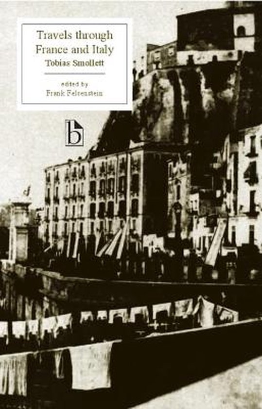 Boek 'Travels through France and Italy' met tekst en een antieke afbeelding van gebouwen en wasgoed.