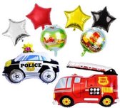 Grote Folie Ballonnen Set Brandweer Politie Auto's - 8 folieballonnen met lint en rietje - XL Cars versiering - Feestpakket - Helium ballonnen - Cars Helium Ballon XL - Verjaardag