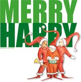 Kerstkaart Merry Happy Koortje, elf, kabouter, humor, engels, met envelop