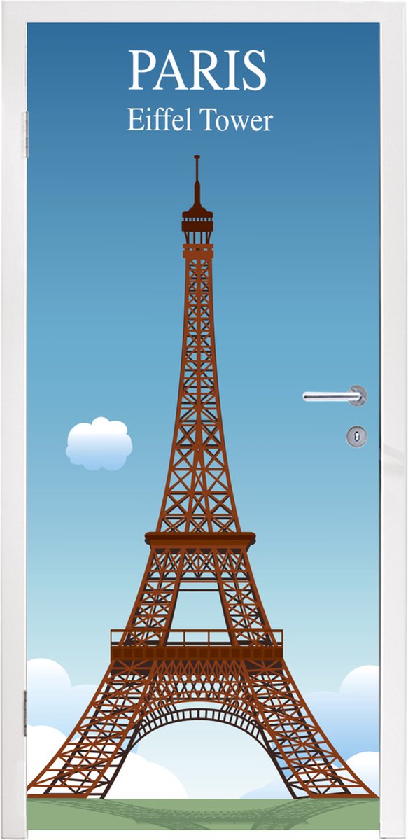 Afbeelding van product StickerSnake  Deursticker Laaghangende wolken rondom de Eiffeltoren in een tekening - 85x205 cm - Deurposter