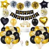 Feest Verjaardag Versiering Set - Happy Birthday Slinger & Ballonnen - Decoratie Man Vrouw - Zwart en Goud - Happy birthday - Papieren Confetti