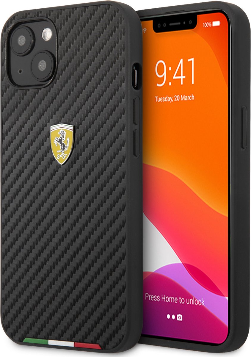 Zwart hoesje van Ferrari - Hardcase Backcover - iPhone 13 Mini - Carbon - Italian Flag