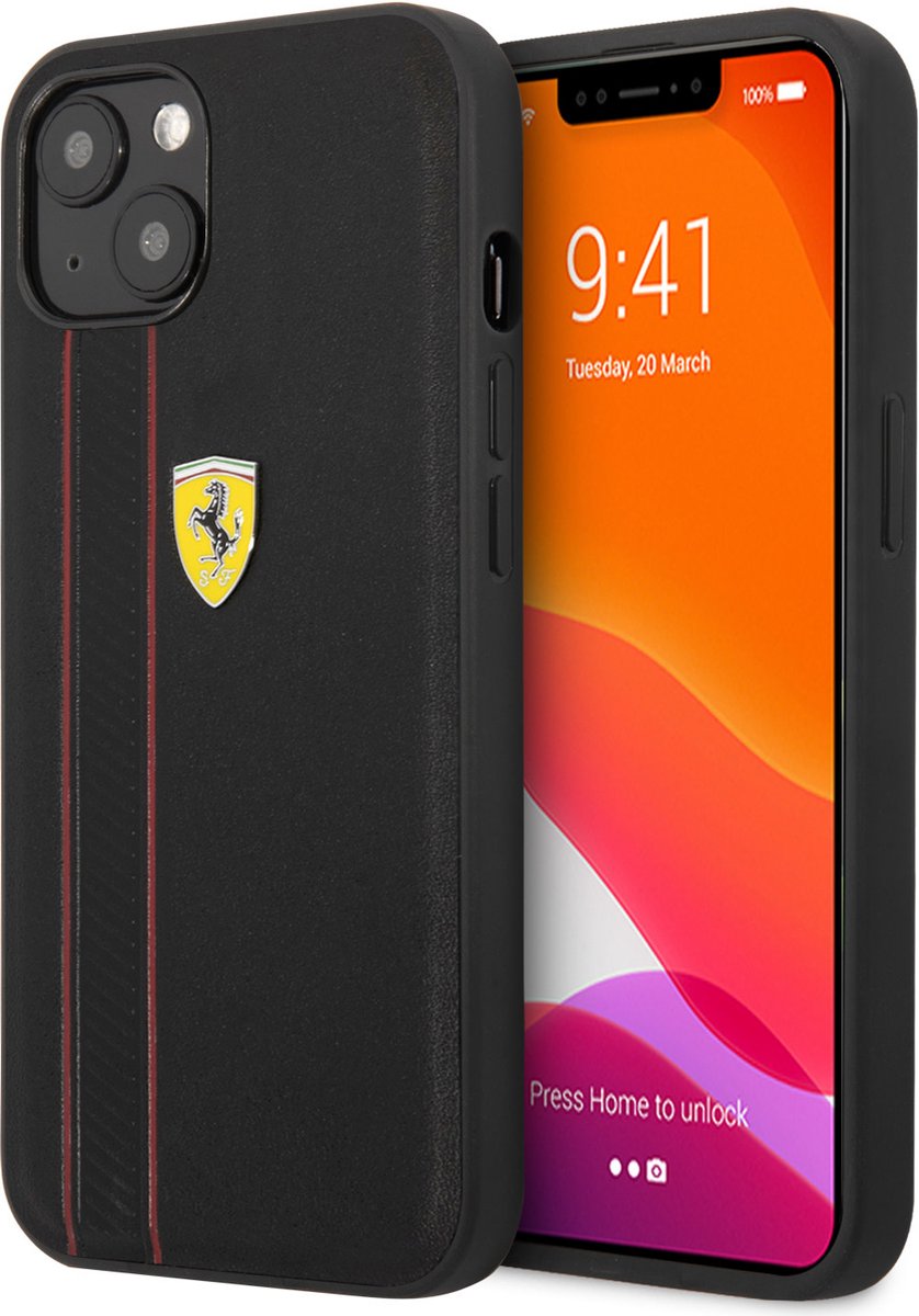 Ferrari Leather Back Cover voor Apple iPhone 13 – Bescherm je Telefoon – Zwart