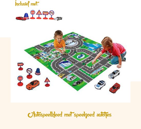 Auto speelkleed inclusief speelgoed autootje- 80 x 70 cm – Speelmat/Speelkleed met autos – Verkeers/politie speelkleed
