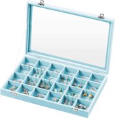 Nancy's Dablon Sieradendoos - Sieradenopslag - Sieraden Organizer - 24 Vakken - Glazen Deksel - Lichtblauw - Fluweel - 35 x 24 x 5 cm