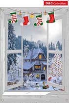 D&C Collection - 65x90 cm - kerst poster voor buiten- doorkijk - wit venster Santa village met kerstsokken - winter poster - kerst decoratie