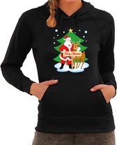 Kerstman met rudolf bij Kerstboom Merry Christmas foute Kerst hoodie / hooded sweater - zwart - dames - Kerstkleding / Kerst outfit XL