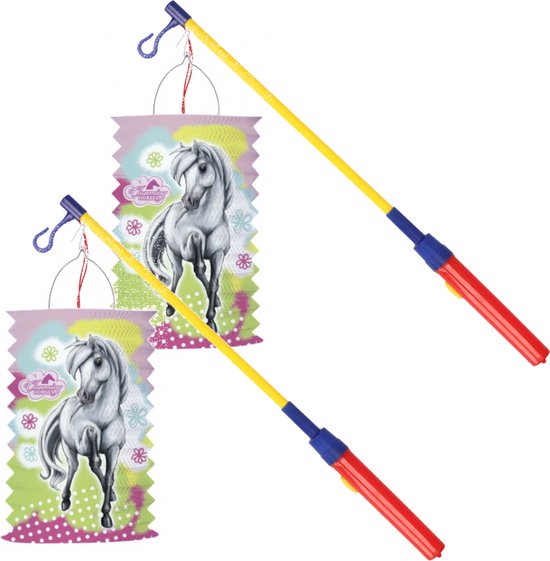 2x stuks mooie Lampionnen Paarden print met 2x lampionstokjes setjes – Lampionnentocht/sint Maarten