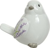 Tuinbeeld vogel wit met lavendel bloemen en staart omlaag 9 cm - Tuin decoratie dieren beelden