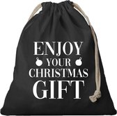 1x Kerst Enjoy your Chrismas gift cadeauzakje zwart met sluitkoord - katoenen / jute zak - Kerst cadeauverpakking zakjes